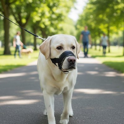 millou-fierement-portant-sa-muselière-chien​