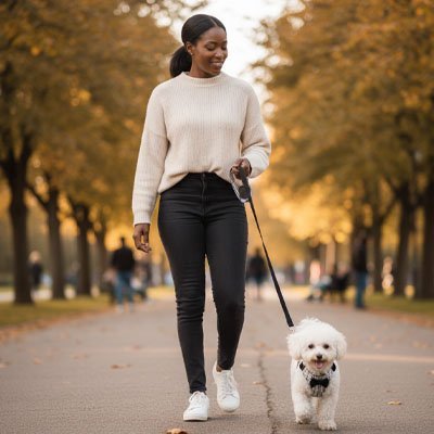 minou maitresse balade avec harnais pour petit chien