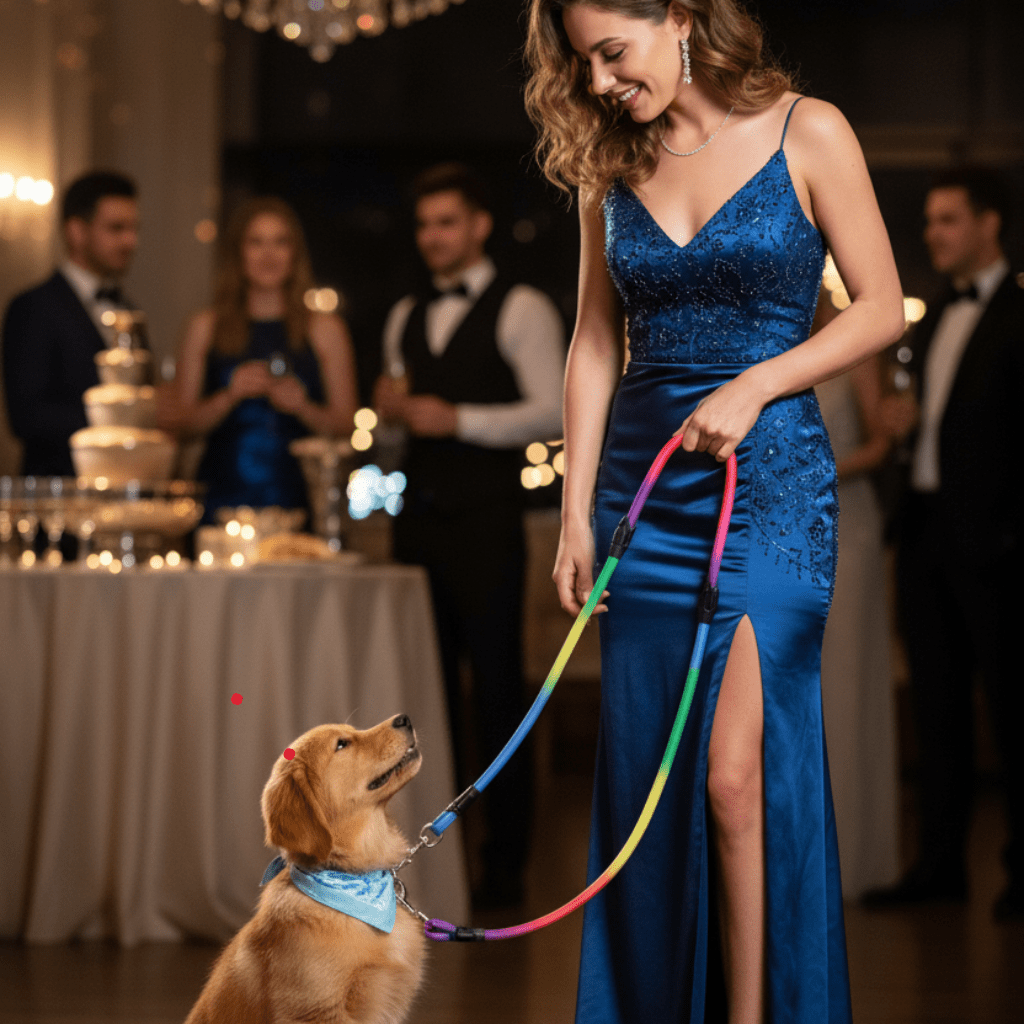 minou dehors regardant avec longe pour chien