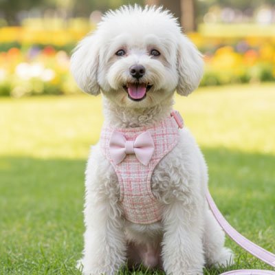 nounous fierement assis jardin avec harnais pour petit chien