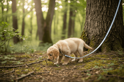 Petit chiot forêt avec longe chien