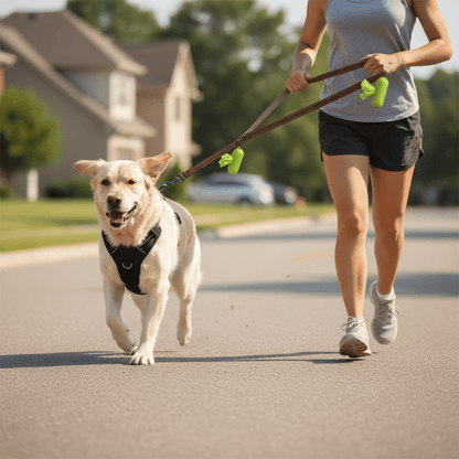 Toutou course sur route avec laisse distributeur sacs